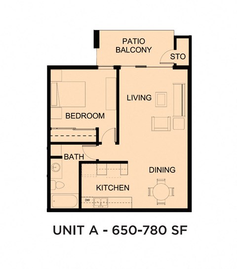 Floor plan for 1 bed, 1 bath, 650 sqft
